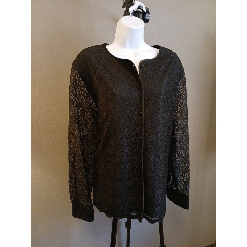Yves St. Clair Vintage 90s Black Lace Blouse Top Button Down Sheer Goth Trendy
